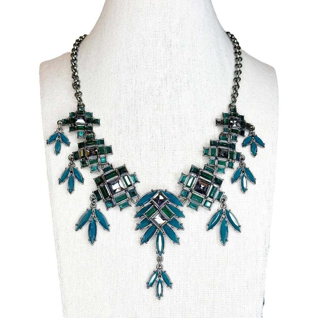 Loft Nwt Gunmetal Emerald Green Teal Geometric Faceted Bib Statement Necklace 35$